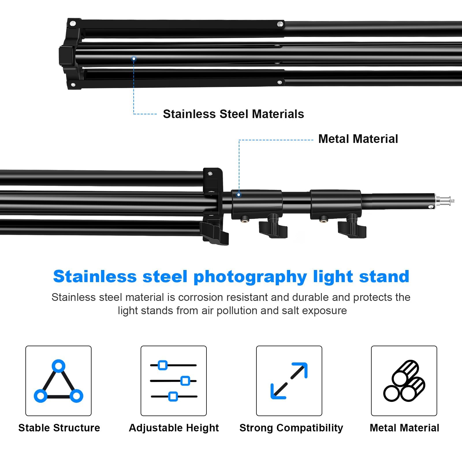 Supporto per luce resistente da 2,8 m con molla in alluminio imbottito, supporto per illuminazione treppiede, carico massimo: 10 kg, regolabile 94 cm-280 cm, con borsa per il trasporto, per