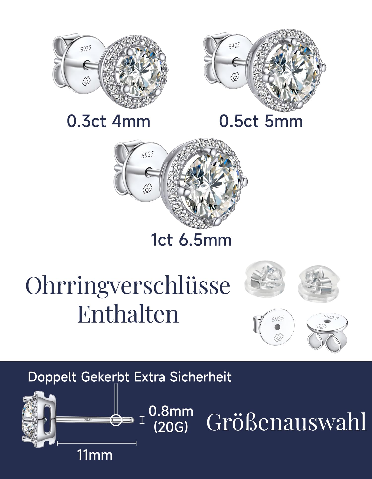 MomentWish Moissanite Ohrringe Silber 925, 1-2 Karat Ohrstecker Damen Schmuck Hypoallergen Liebes Geschenk Valentinstag Muttertag für Frauen Mama 4mm/5mm/6.5mm