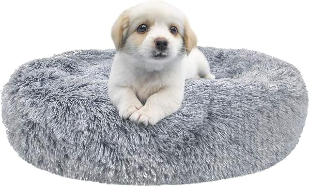 ETAOLINE Calming Dog Bed Fluffy Cat Bed Plush Round Pet Bed Donut Dog Bed for Cats and Small Medium Dogs