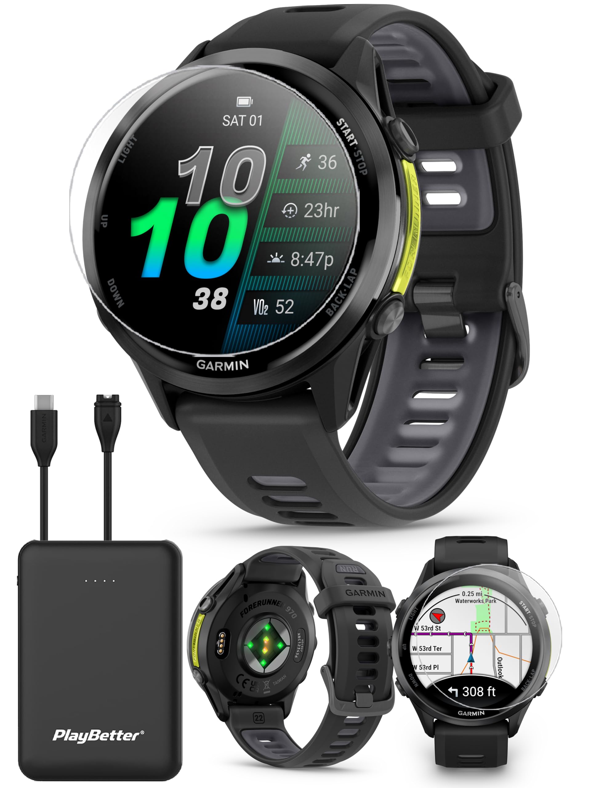 PlayBetter Garmin Forerunner 970 (Carbon Gray DLC Titanium/Black Translucent) Premium GPS Running & Triathlon Smartwatch Bundle - AMOLED, LED