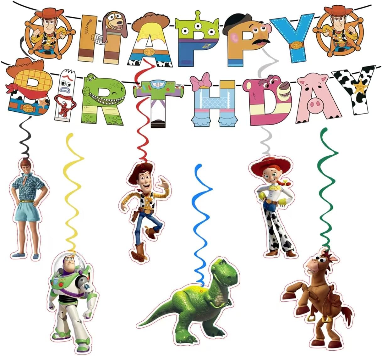 For Toys anime Happy Birthday Banner, Party Decoration With 6 Vortex Decorative Pendants