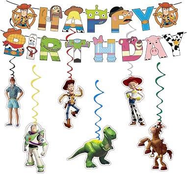 For Toys anime Happy Birthday Banner, Party Decoration With 6 Vortex Decorative Pendants