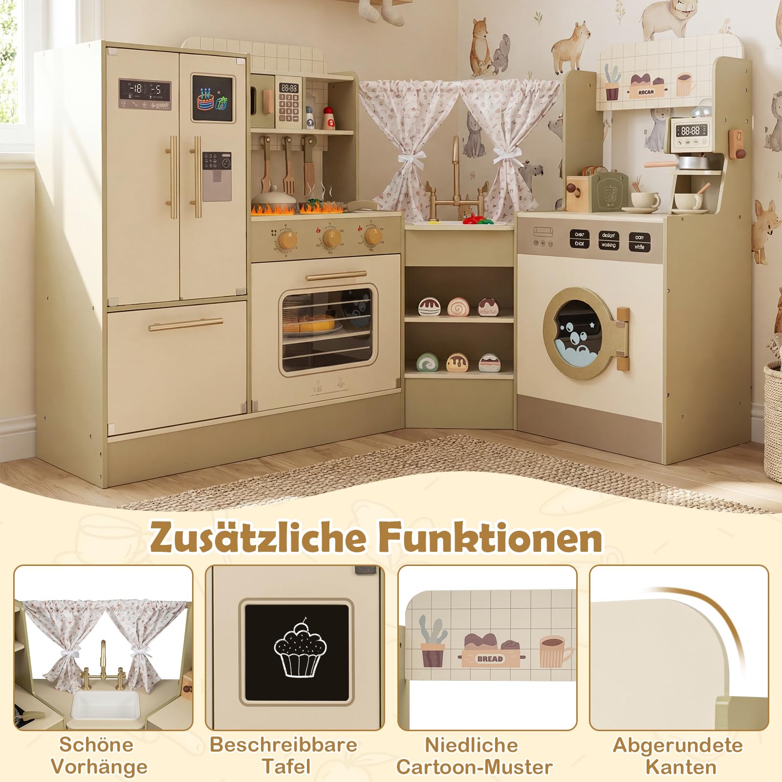 COSTWAY Kinderküche, Eck Spielküche mit Herd, Kühlschrank, Geschirrspüler, Kaffeemaschine, Mikrowelle & Toaster, Spielzeugküche mit 21 Zubehörteilen, Holzküche für Kinder ab 3 Jahren