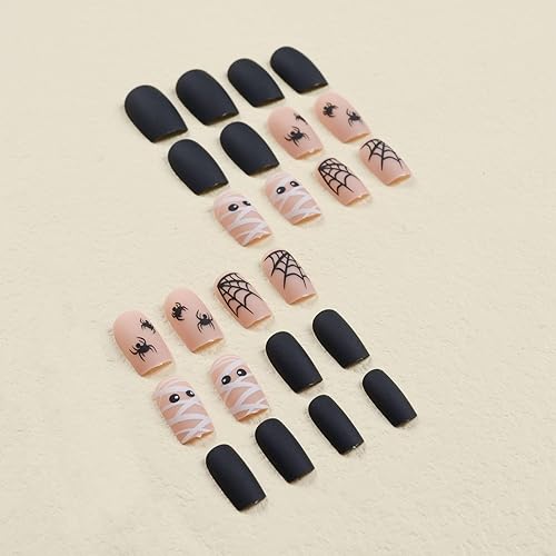 Miniatura 3 de Uñas postizas cortas a presión de Halloween, uñas postizas cuadradas con diseño de momia de telaraña, uñas adhesivas negras, uñas acrílicas mate,