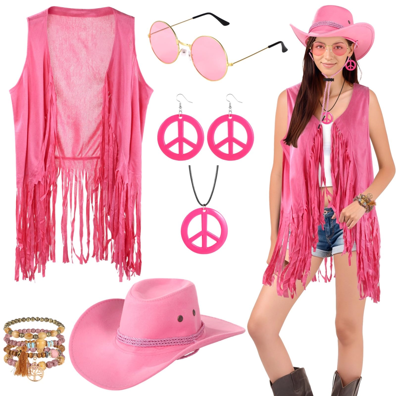 CACAZI 6 Pcs Western Cowgirl Costume Outfits, Pink Cowgirl Accessories Set, 70s Hippie Dress Kit for Women, Includes Fringe Vest, Hat, Sunglasses, Earrings, Bracelet for Parties