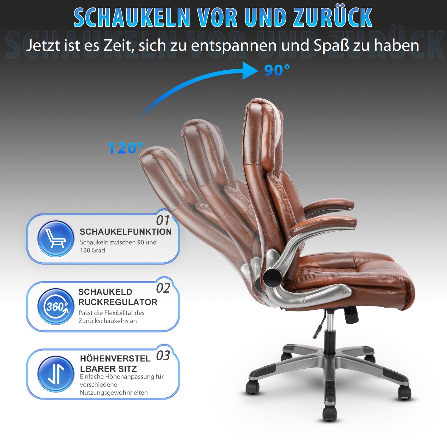 Bosmiller Bürostuhl Ergonomischer Chefsessel Bürostuhl 200 kg, Verstellbarer Rückenlehne, Hochklappbaren,Armlehnen, Schreibtischstuh Büro, Office Chair für Büro Computer Chefsessel, Braun