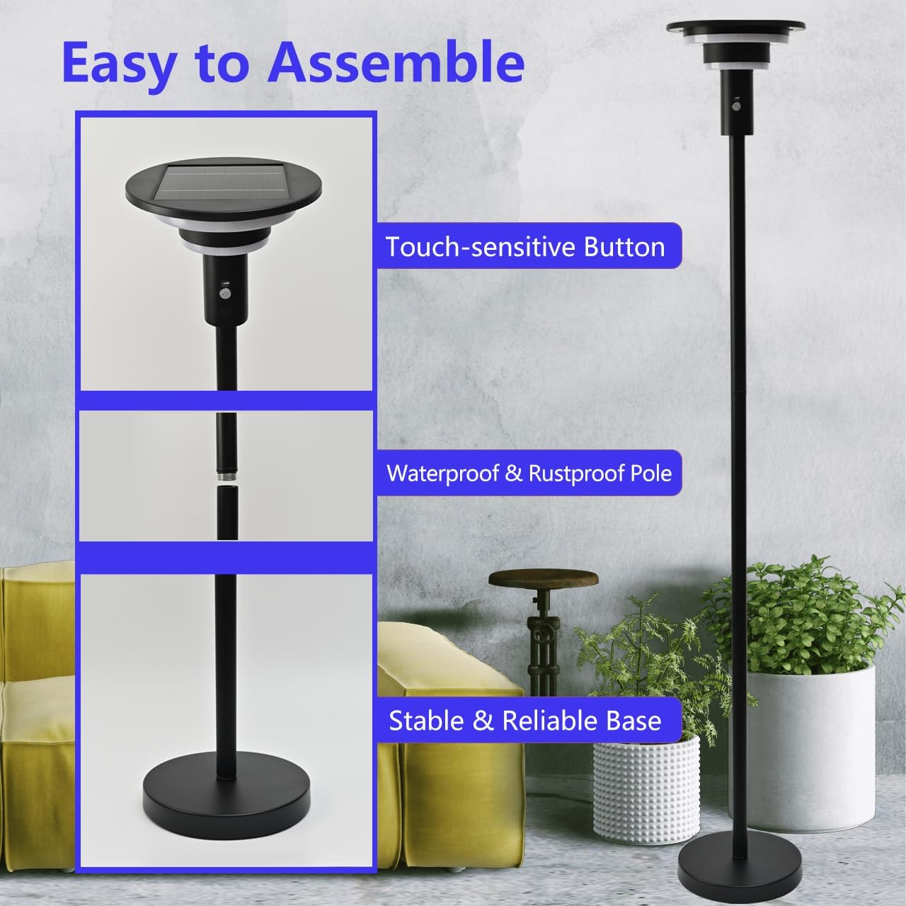 Solar Floor Lamp for Patio Waterproof IP44,Outdoor USB Rechargeable Cordless Floor Lamp with 3 Modes,Height Adjustable,Warm White 3000k Standing Solar Lights for Deck, Porch, Camping