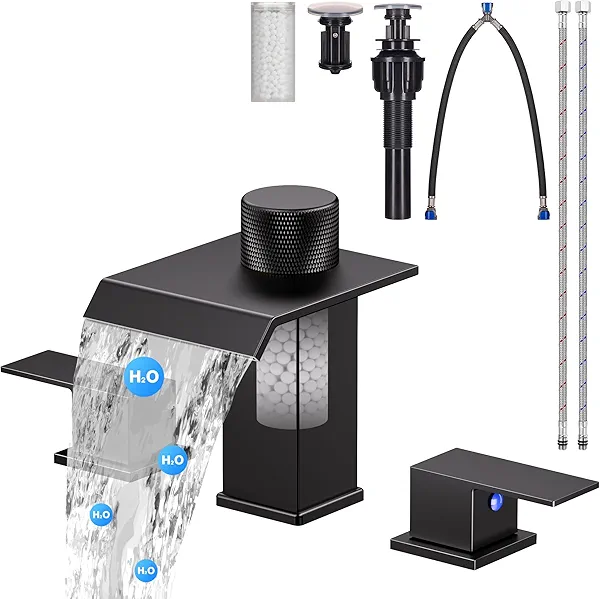 3 Hole 100mm Waterfall Faucet, Filtered Bathroom Sink Faucets, Black Bathroom Faucet with Filter for Sink