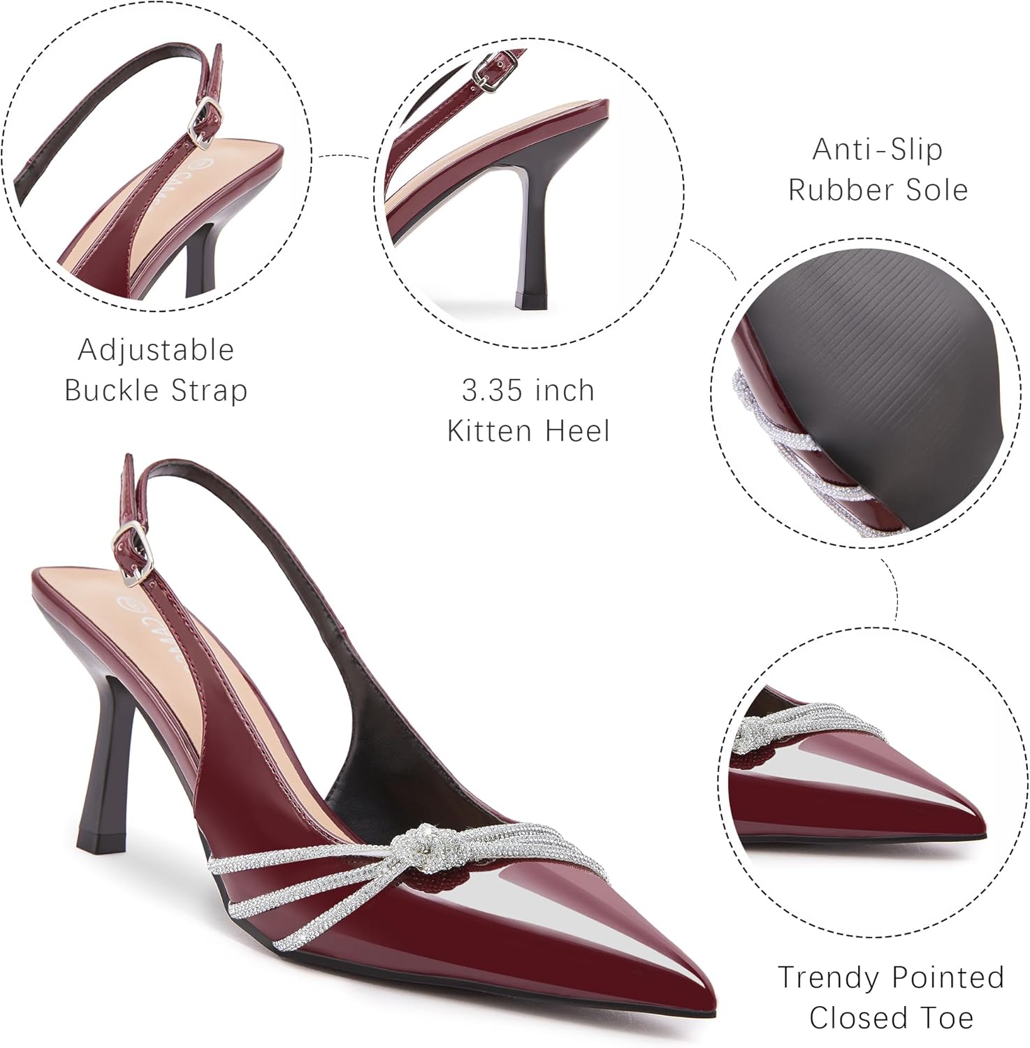 CAMSSOO Women's Slingback Kitten Heels Patent Leather Closed Pointed Toe Stiletto Pumps with Rhinestones Dress Shoes Party Prom Wedding - Image 4