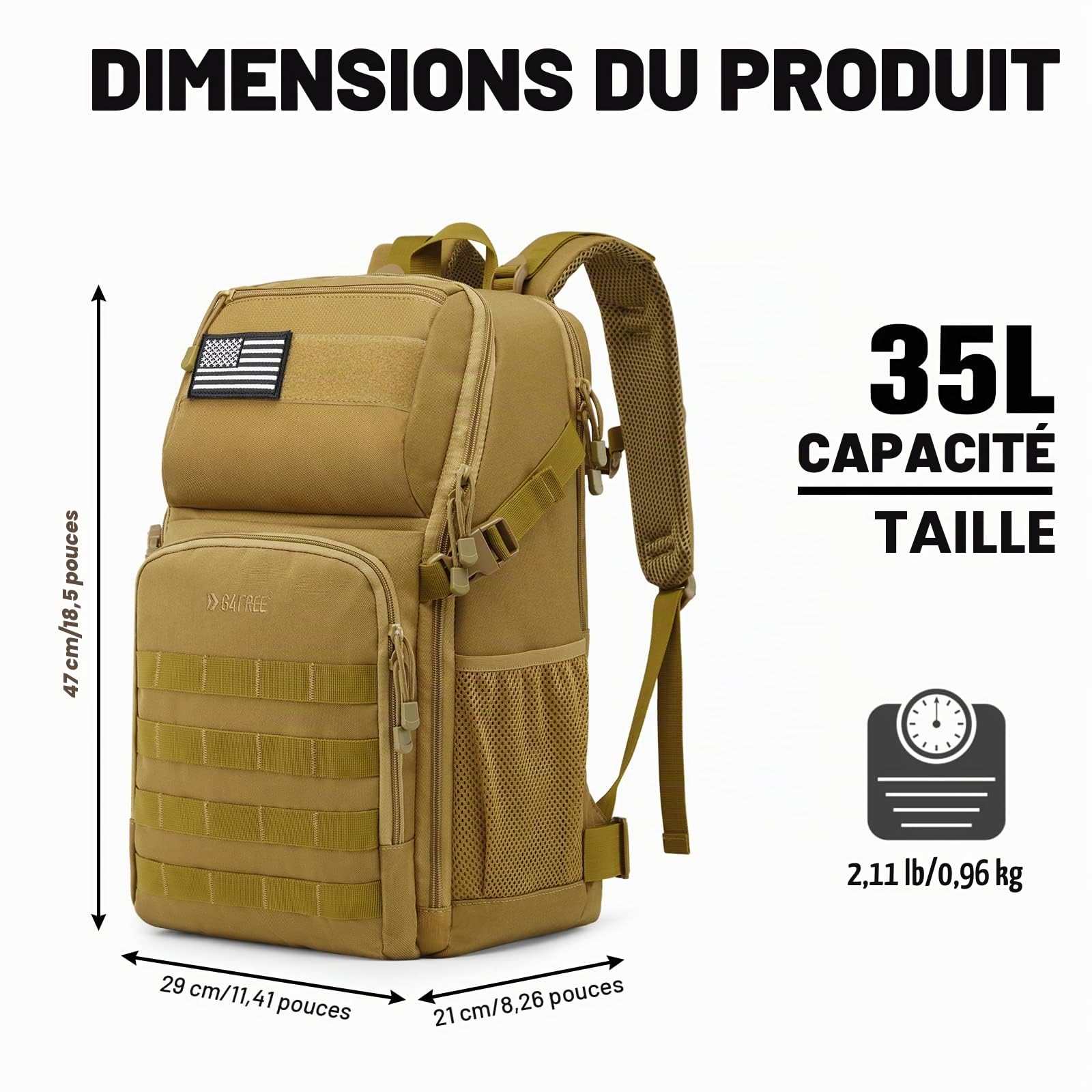 G4Free Sac à dos tactique militaire de 35 l - Grand sac à dos militaire - Sac à dos Molle - Sac à dos pour activités de plein air randonnée camping trekking chasse