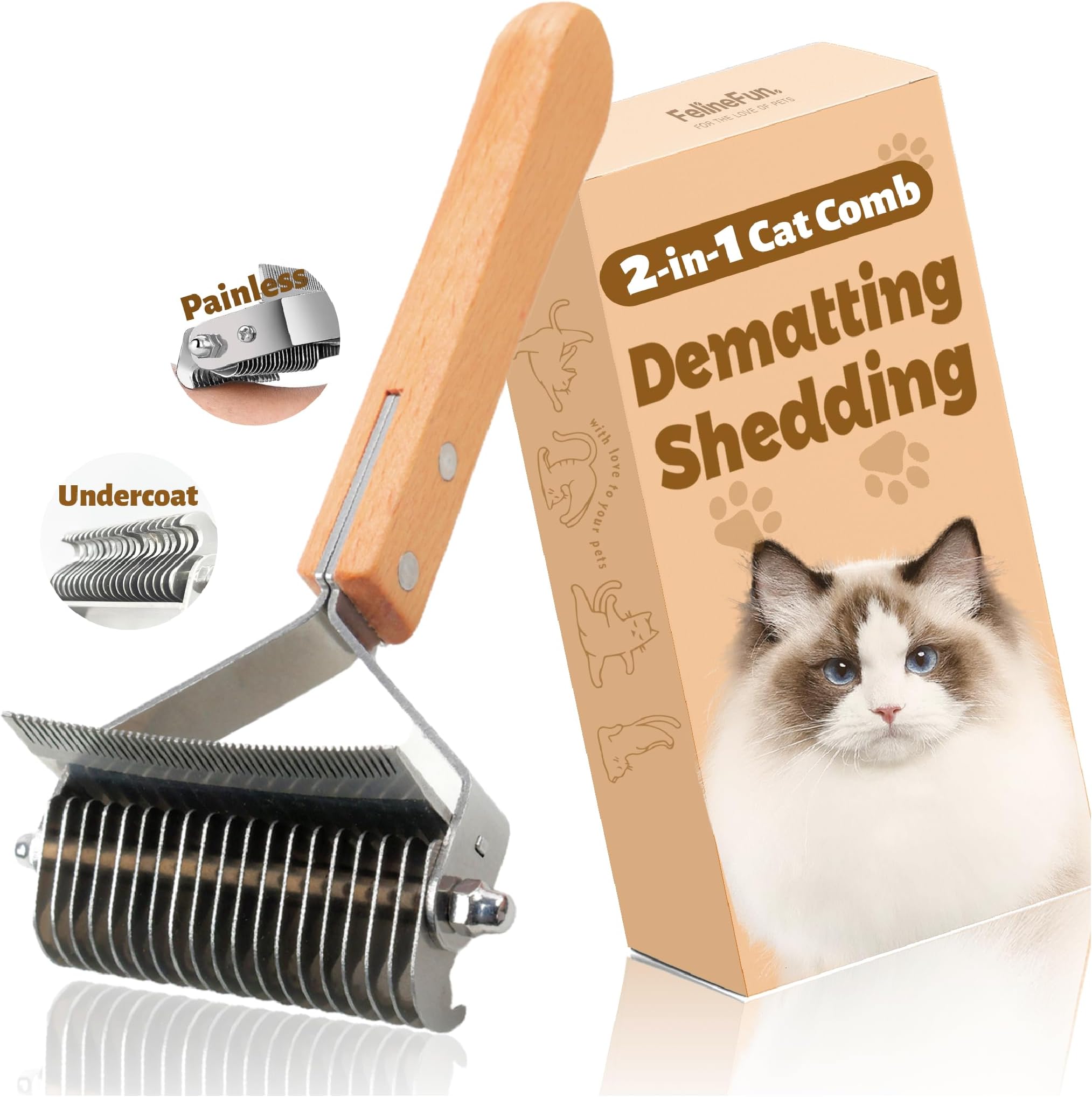 FelineFun Cat Brush for Dematting & Deshedding, 2 in 1 Undercoat Rake, Efficiently Remove Loose Hair & Matted Fur, Professional Shedding Comb for Indoor Cats & Long Haired Cats