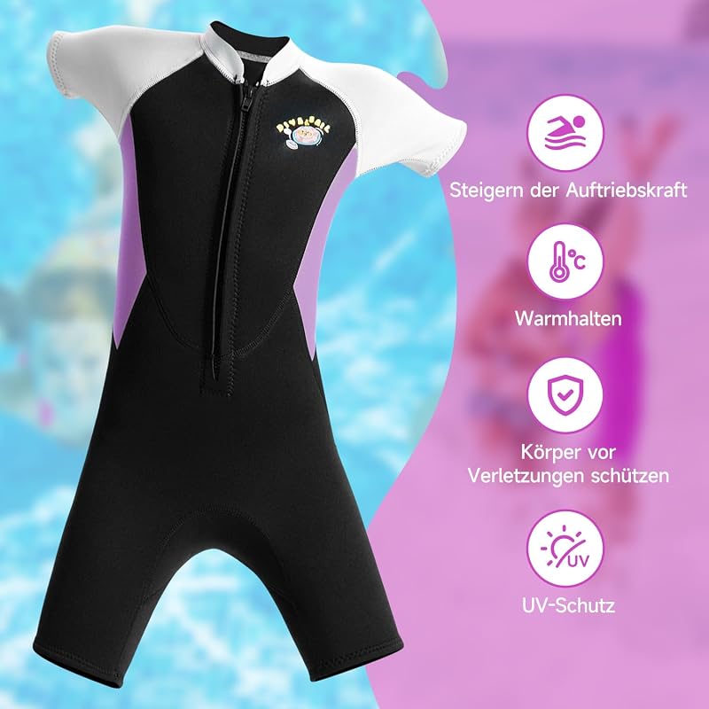X-mAnTA Gyermek Neoprén Shorty Búvárruha 2,5 mm - Lila Rövidített Vízisport Ruha Elülső Cipzárral Úszáshoz, Búvárkodáshoz, Szörfözéshez - 2XL méret