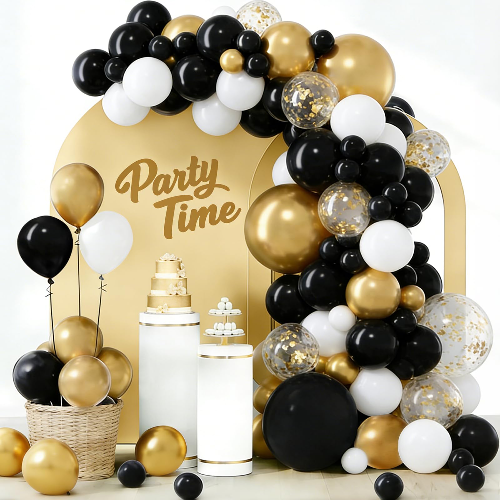 Black Gold White Balloon Arch Kit, Confetti Balloons, 101Pcs 18 12 10 5 Inch Different Sizes Balloon Garland, Latex Balloons, Perfect for Birthday, Wedding, Graduation, Hen Party Decorations