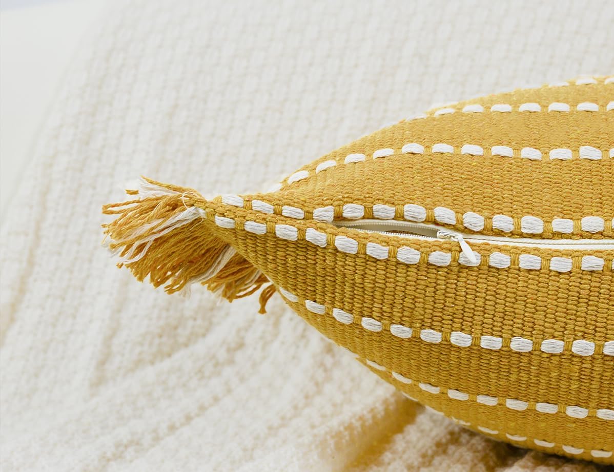 Decorative Farmhouse Fringed Long Lumbar Throw Pillow Cover 16 x 26,Clasic Striped Textured Cotton Boho Decor Long Lumbar Pillow Cover Pillow Case for Sofa Couch Bed,Yellow and White