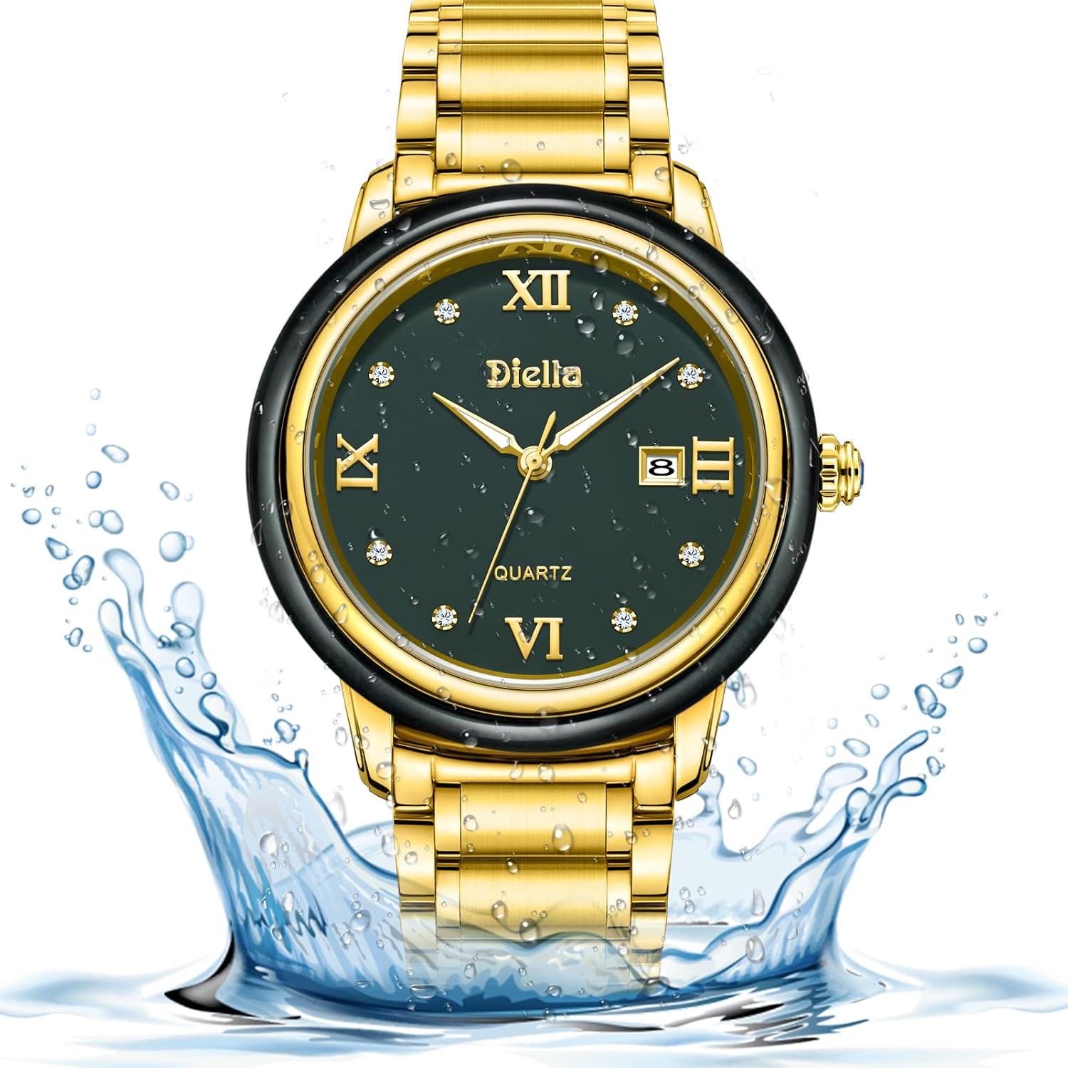 Diella Watches for Men, Dial Inlaid with Jade and 8 Swarovski Rhinestones Crown Set with Sapphires Genuine Japanese Quartz Movement, Date Luminous, Waterproof, Casual for Men