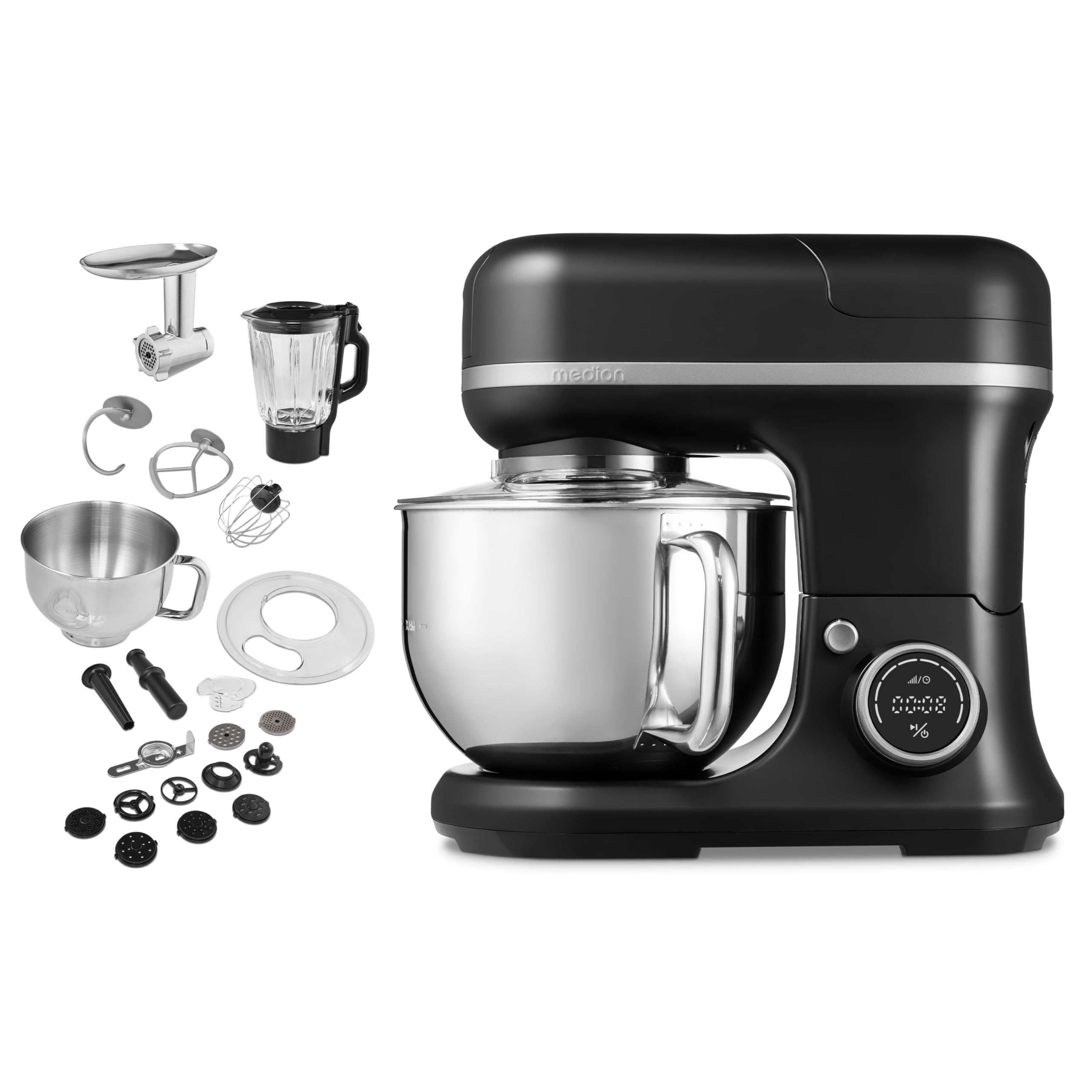 Procesador de alimentos universal MEDION 3 en 1 (digital, 1.200 vatios, 8 niveles, mezclar amasar batir mezclar picadora, bol para preparar helados, pantalla táctil digital, MD18430) negro