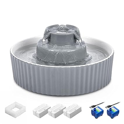VinDox Ceramic Cat Fountain, 2.1L Pet Drinking Fountain for Cat and Dog, Cat Fountain Porcelain, Cat Water Dispenser with 3 Activated Carbon Filter and Sponge Foam Pre-Filter (Grey)