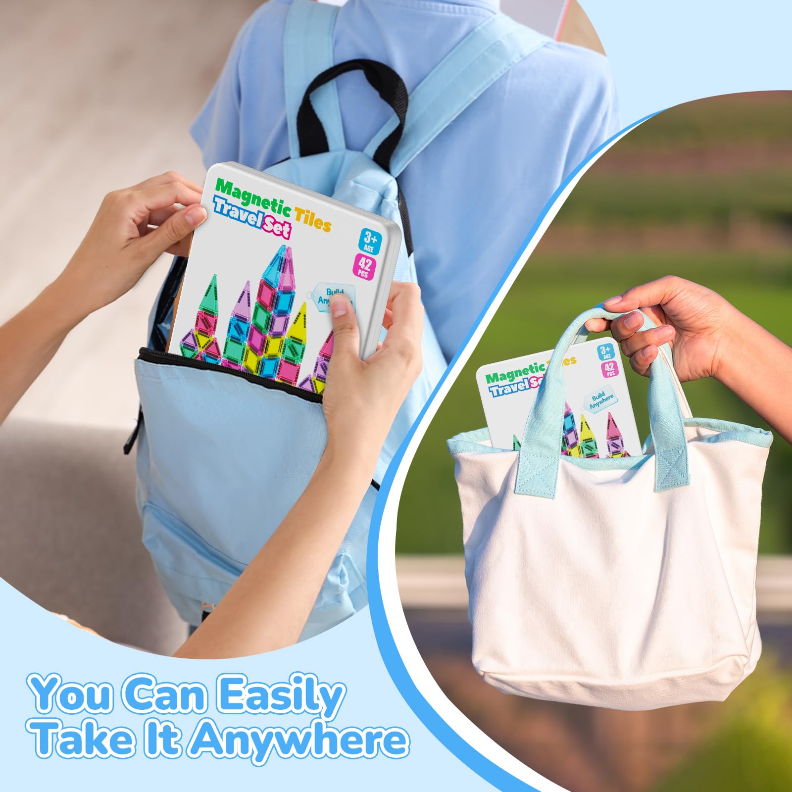 Set di 42 mattonelle magnetiche da viaggio per bambini, portatili, da viaggio, mini piastrelle magnetiche, giocattoli magnetici, scatola da costruzione montessori, giocattolo regalo per bambini di 3+