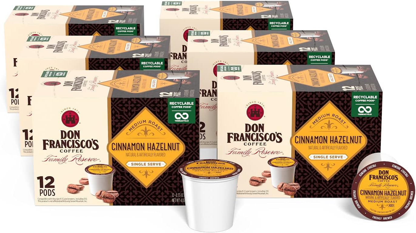 Don Francisco's Cinnamon Hazelnut Flavored Coffee Pods, 72 Count, Medium Roast, Compatible with Keurig Brewers