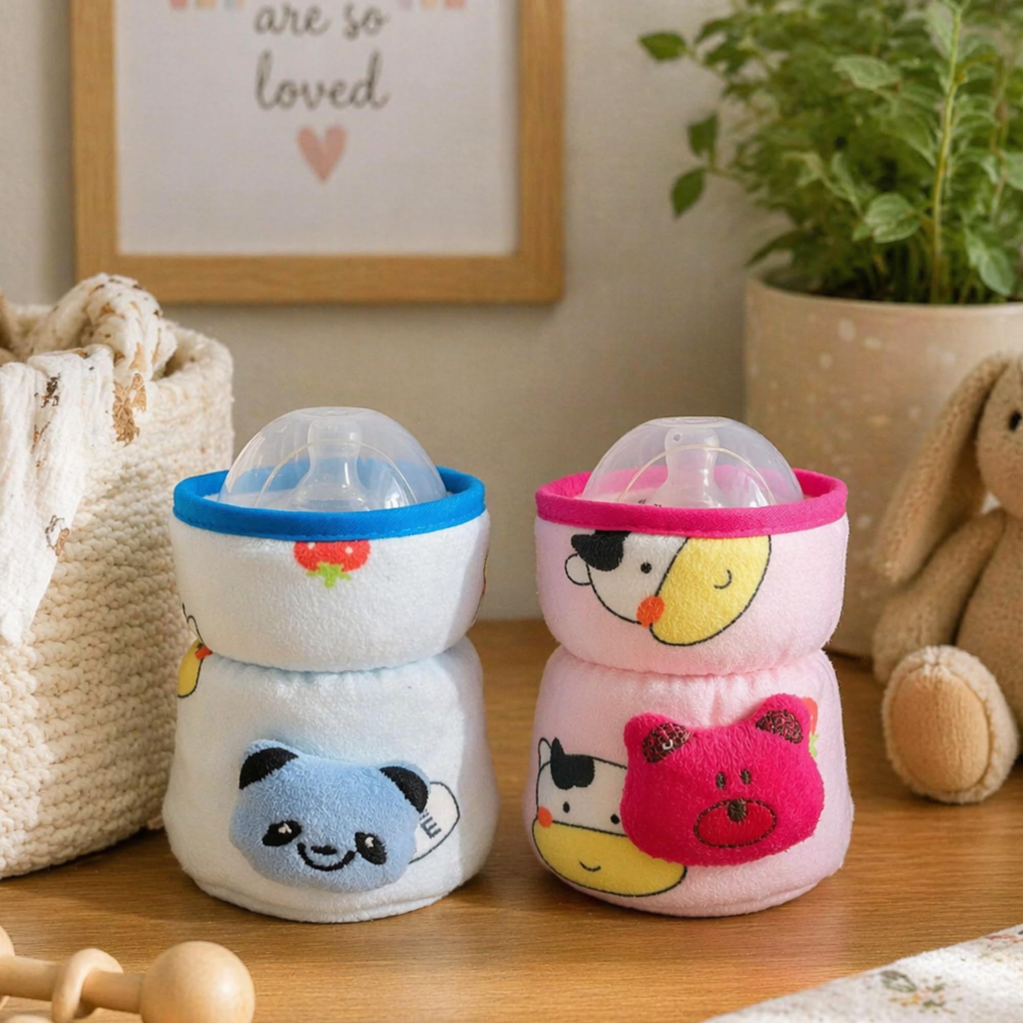 THE LITTLE LOOKERS Soft Plush Stretchable Baby Feeding Bottle Cover with Easy to Hold Strap | Cute Animated Overall Print Pack of 2 (Pink & Blue, Wide Neck 125ml/4oz) Cartoon Print May Very-image-35