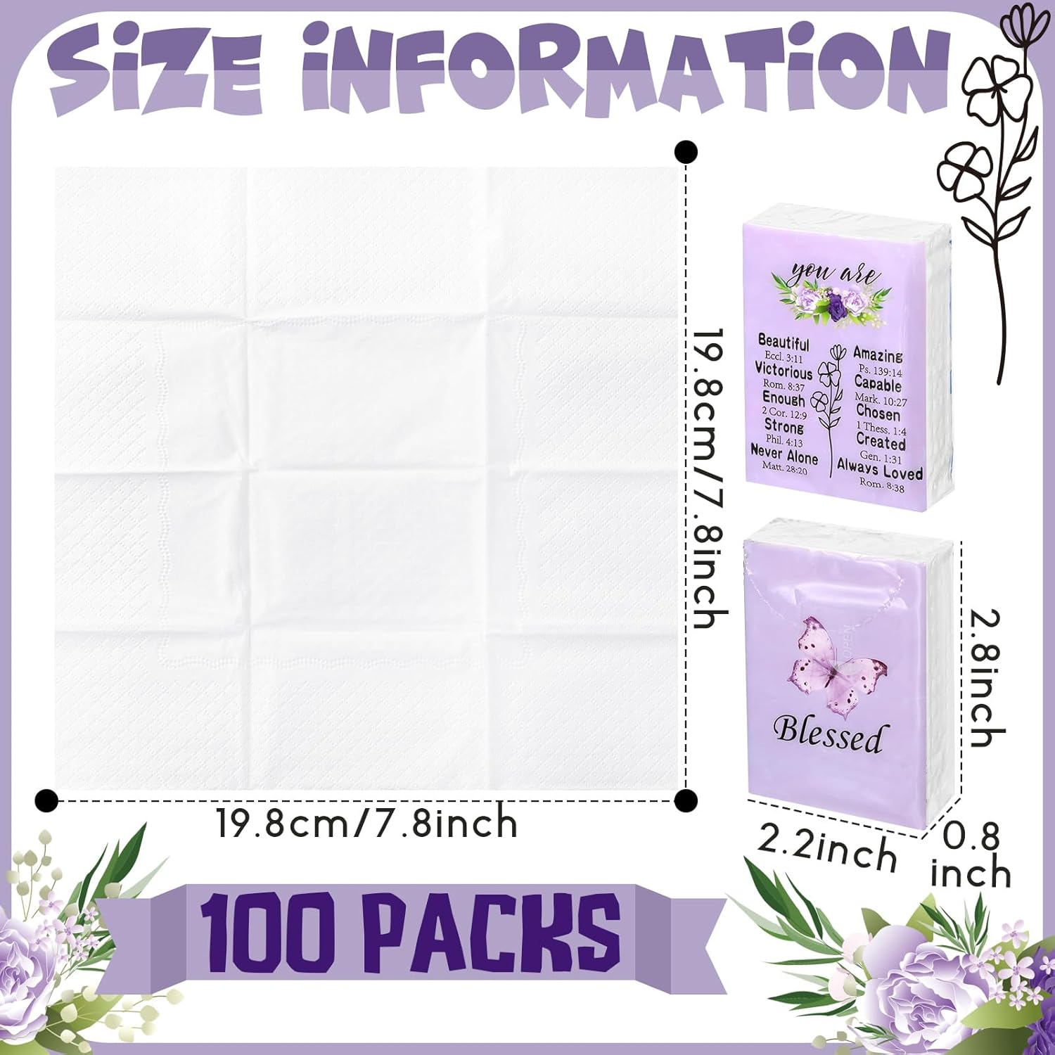 Harloon 100 Pack Christian Facial Pocket Tissues Purple Butterfly Travel Tissues Packs Religious Small Individual 3 Ply Gift for Wedding Travelling Graduation Party Supplies, 7 Sheets Per Pack