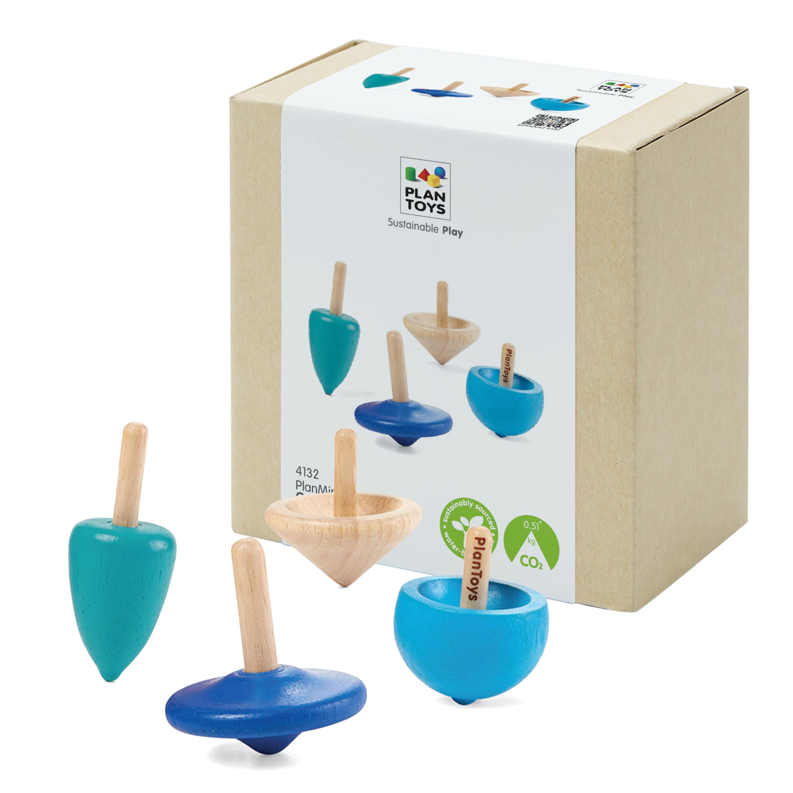 PlanToys® Mini Wooden Spinning Tops Set | 4 Colorful Eco-Friendly Montessori Toys for Toddlers | Travel Toys for Kids | Sensory Fidget Toys for Focus & Coordination