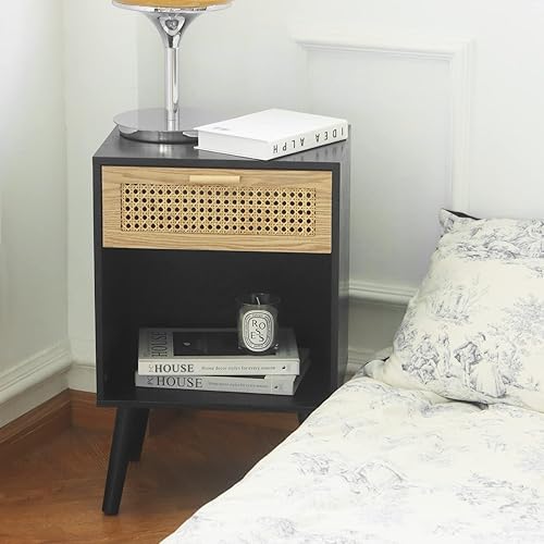 Miniatura 7 de MaxSmeo Mesita de noche moderna de mediados de siglo, mesa auxiliar de ratán con cajón para mesita de noche, sala de estar, dormitorio y espacios