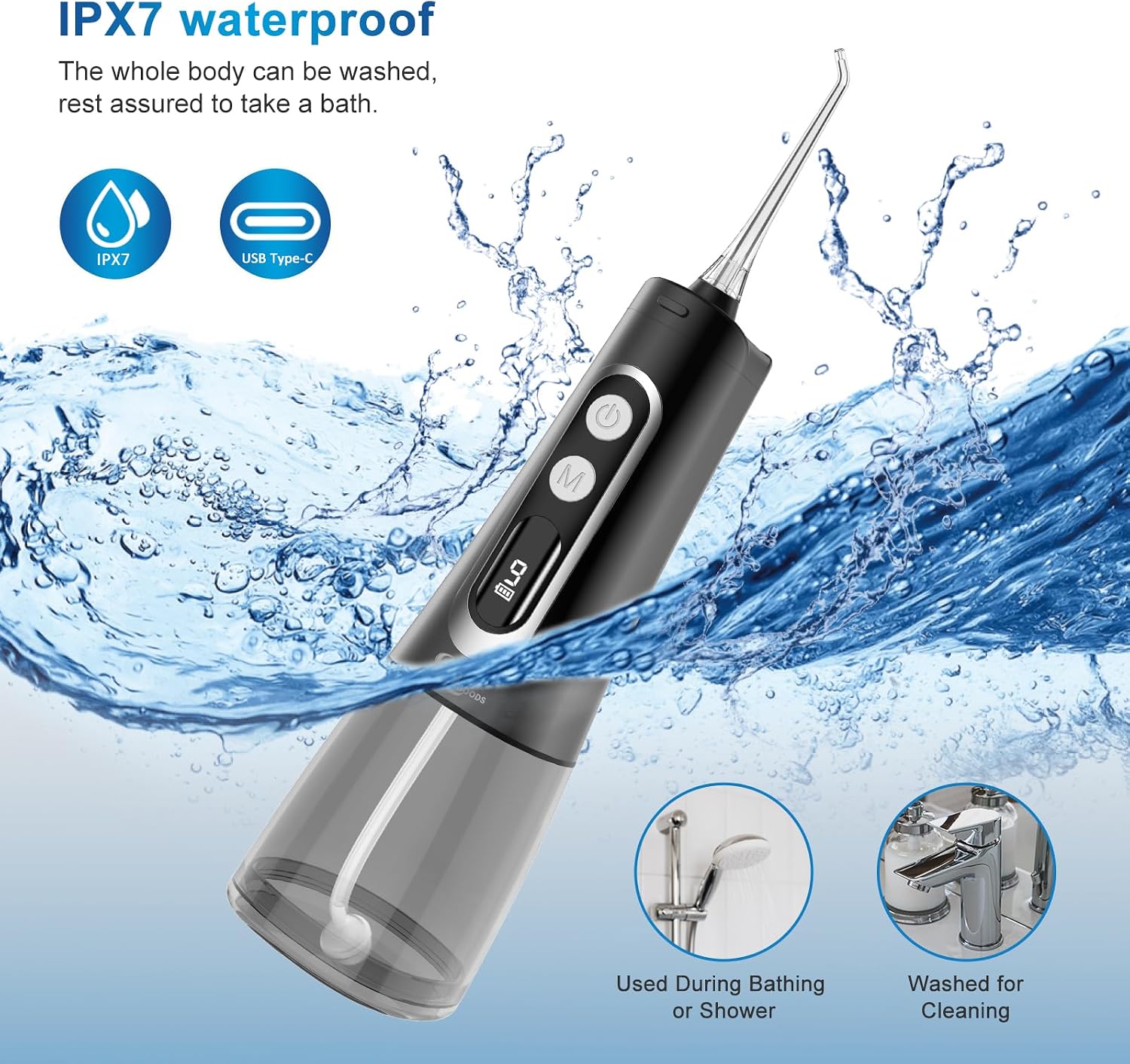 JNGOODS Water Dental Flosser Oral irrigator,JNGOODS 300ml Rechargeable Water flosser for Teeth IPX7 Waterproof 9 Modes Portable Oral Irrigator. LED Display with 4 Jet Tips, Travel Home use (Black)