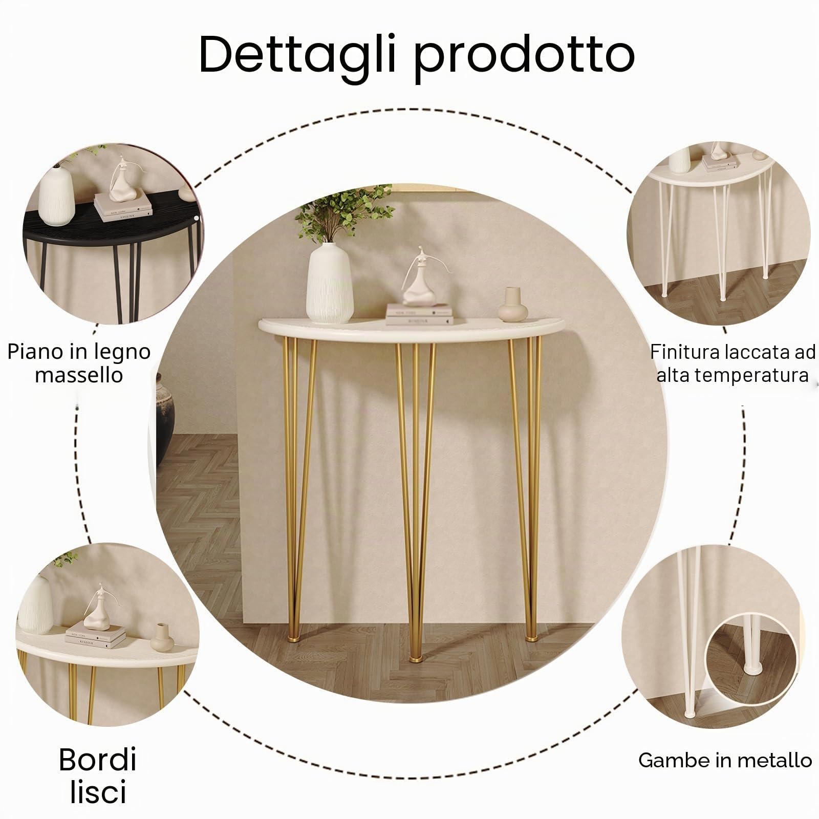 SEIFE Tavolo consolle a mezzaluna, tavolo decorativo semicircolare per divano, tavolino stretto per soggiorno, per corridoio, ingresso(Black,60CM/23.6in)