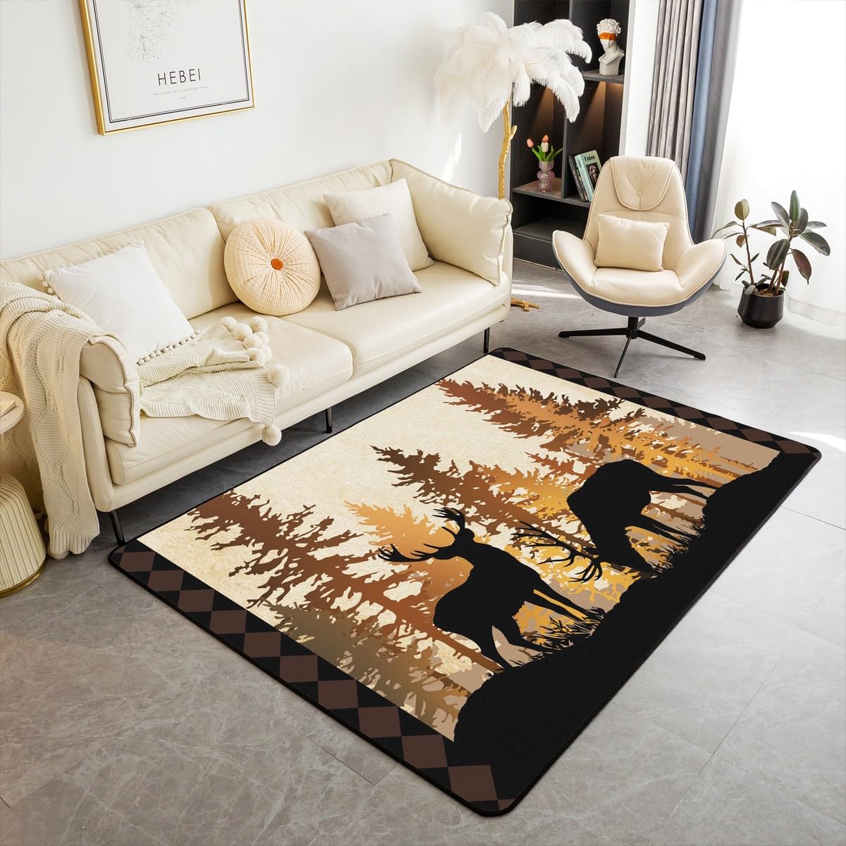 Homewish Rustykalny leśny jeleń dywaniki 100 x 150 cm - polowanie dzika przyroda zwierzę nowoczesny dywan podłogowy wiejski dom wiejski vintage kabina duże dywany, leśne zwierzę nie gubi włosia dywan