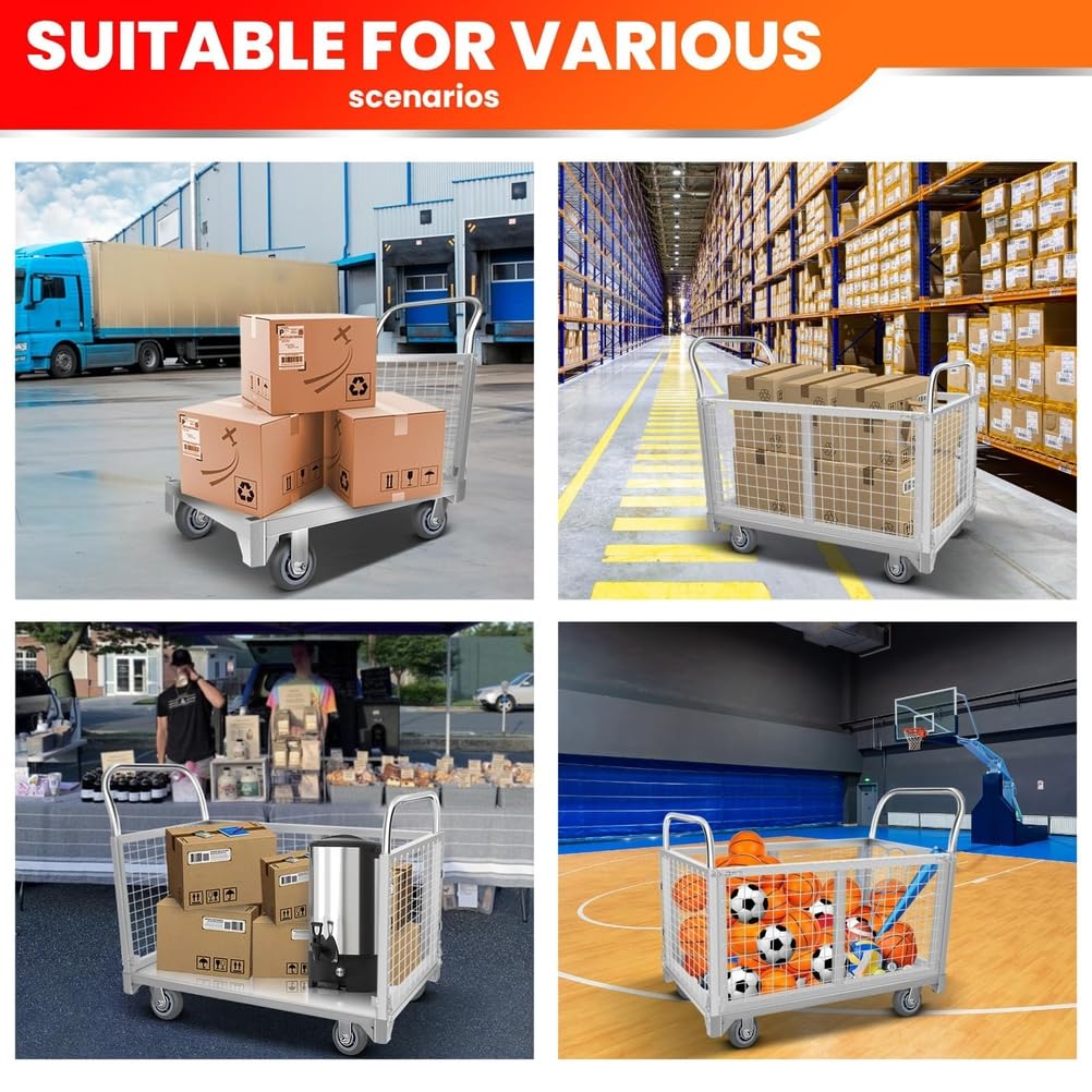 Carro de Plataforma con Jaula,Carro de Plataforma Resistente con Ruedas de Goma, Carga de 300 Kg,Carro de Plataforma con Valla,Carretillas Manuales para Almacén,Comestibles