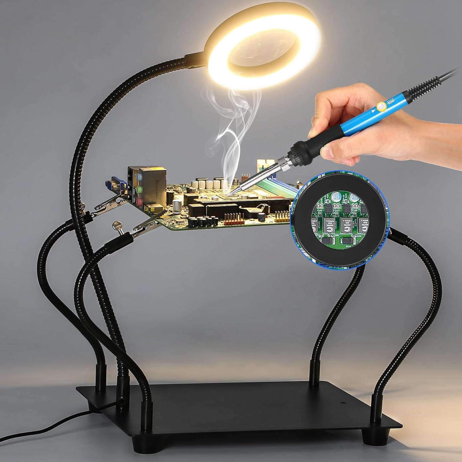 NZQXJXZ Helping Hands Soldering Station with 3X Magnifying Glass and Light, Soldering Holder Metal Circuit Board Holder 4 Flexible Metal Arms Magnetic Helping Hand for Soldering, Assembly, Repair