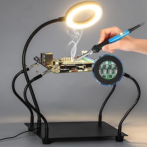 Miniatura 2 de TOCBIU Helping Hands - Soporte de soldadura con lupa 3X con luz, soporte de placa de circuito de metal, 4 brazos de metal flexibles, mano de ayuda