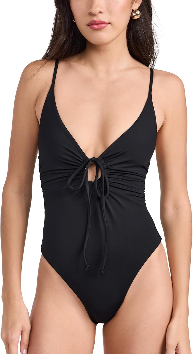 L*Space Piper One Piece Swimsuit for Women, Classic Coverage, Skinny Adjustable Straps, Center-Front Keyhole, Doubles as Bodysuit, Black, S