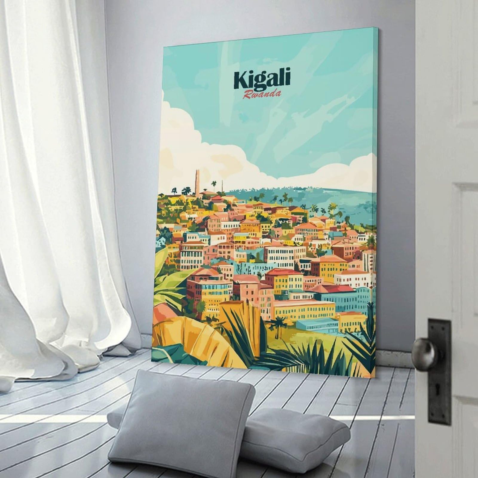 Junmoney Kigali Rwanda Cityscape Illustration Wall Art Print 08x12inch(20x30cm), for Corridors, Hallways Or Apartment Entries, Wall Decor to Refresh Empty Corners