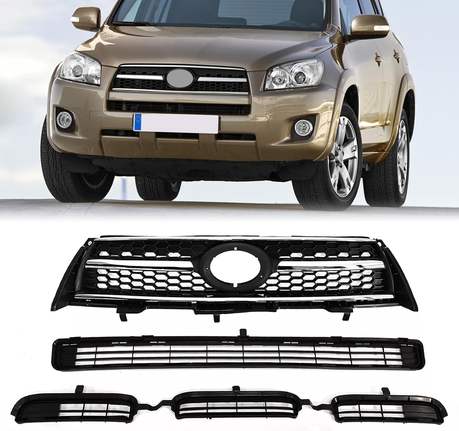 Front Upper & Lower Bumper Grille Grill Fit For 2009 2010 2011 2012 Toyota RAV4 Base/Sport Black Front Bumper Grille Grill Kit For 531010R010, 531120R010, 531130R010 (Chrome Trim & Black)