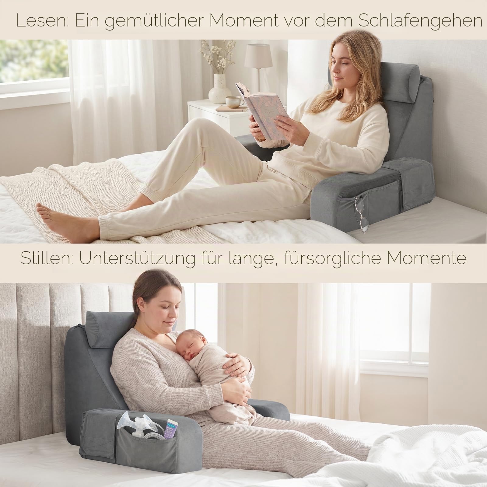 ENITYA 19" Lesekissen für Bett und Sofa, Lesekissen mit Rückenlehne für Erwachsene, Armlehnen, Großen Taschen, Ideal zum Entspannen, Fernsehen, Stillen, zur Erholung und zum Spielen, Grau