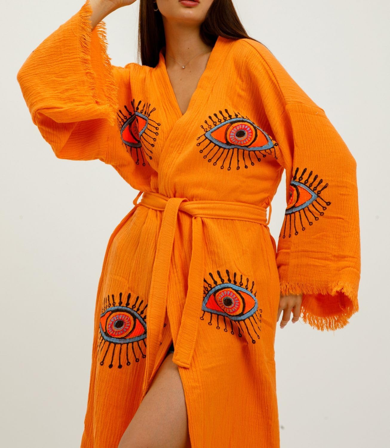 100% Turkish Cotton Evil Eye Kimono Robe – Hand Printed Caftan Beach Cover Up – Boho Festival Kimono for Women - Image 3