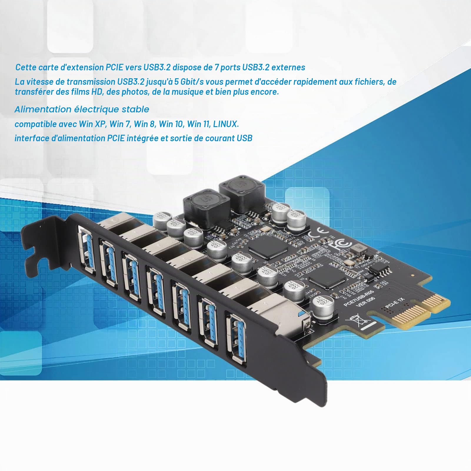 Sxhlseller Carte D'extension PCIE 7 Ports USB 3.2 GEN1 5 Gbps, Carte D'extension Avant d'alimentation Stable à Transmission Haute Vitesse pour Win XP Win7 Win8 Win10 Win11, pour Linux