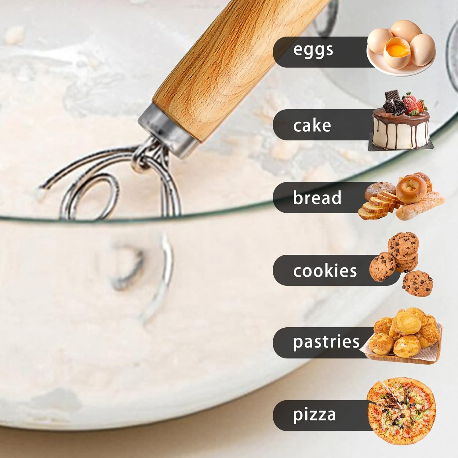 Danish Dough Whisk with Wooden Handle, Stainless Steel, for Bread, Pizza, Cookies, Pastries, Double Stirring Effect