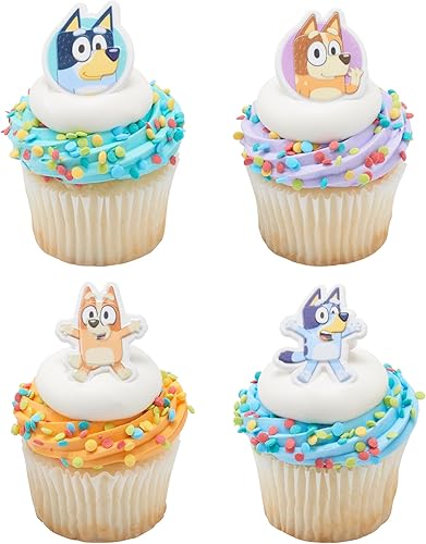 DecoPac Bluey So Much Fun Anillos, 72 decoraciones para cupcakes con Bluey, Bingo, Bandit y Chilli, 3D seguros para alimentos, paquete de 72