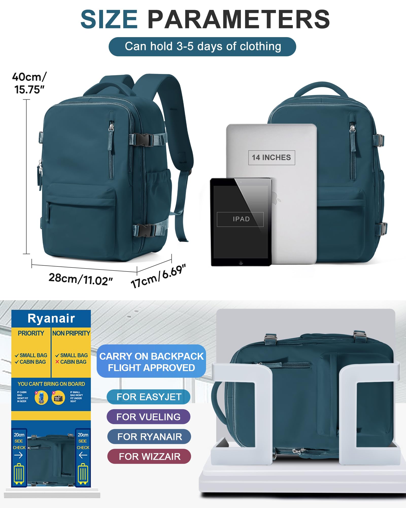 BJLFS Borse da Cabina per Ryanair 40×30×20 Zaino da Viaggio con Sottovuoto Bagaglio a Mano 40x20x25 Easyjet 45×36×20,Zaino Wizzair 40x30x20,Zaino Casual per laptop da 14 pollici per scuola