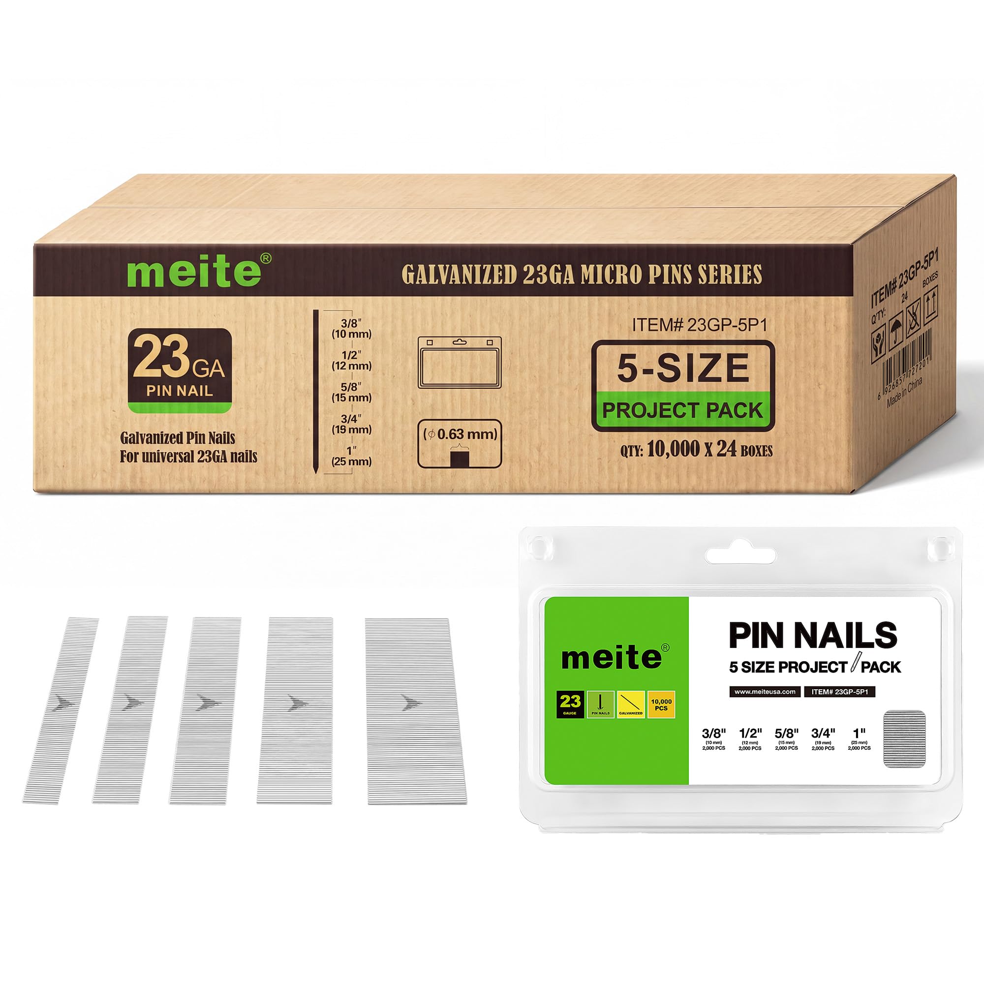 meite 23 Gauge Pin Nails Galvanised 5-Size 10, 12, 15, 19, 25mm 240,000 Pcs