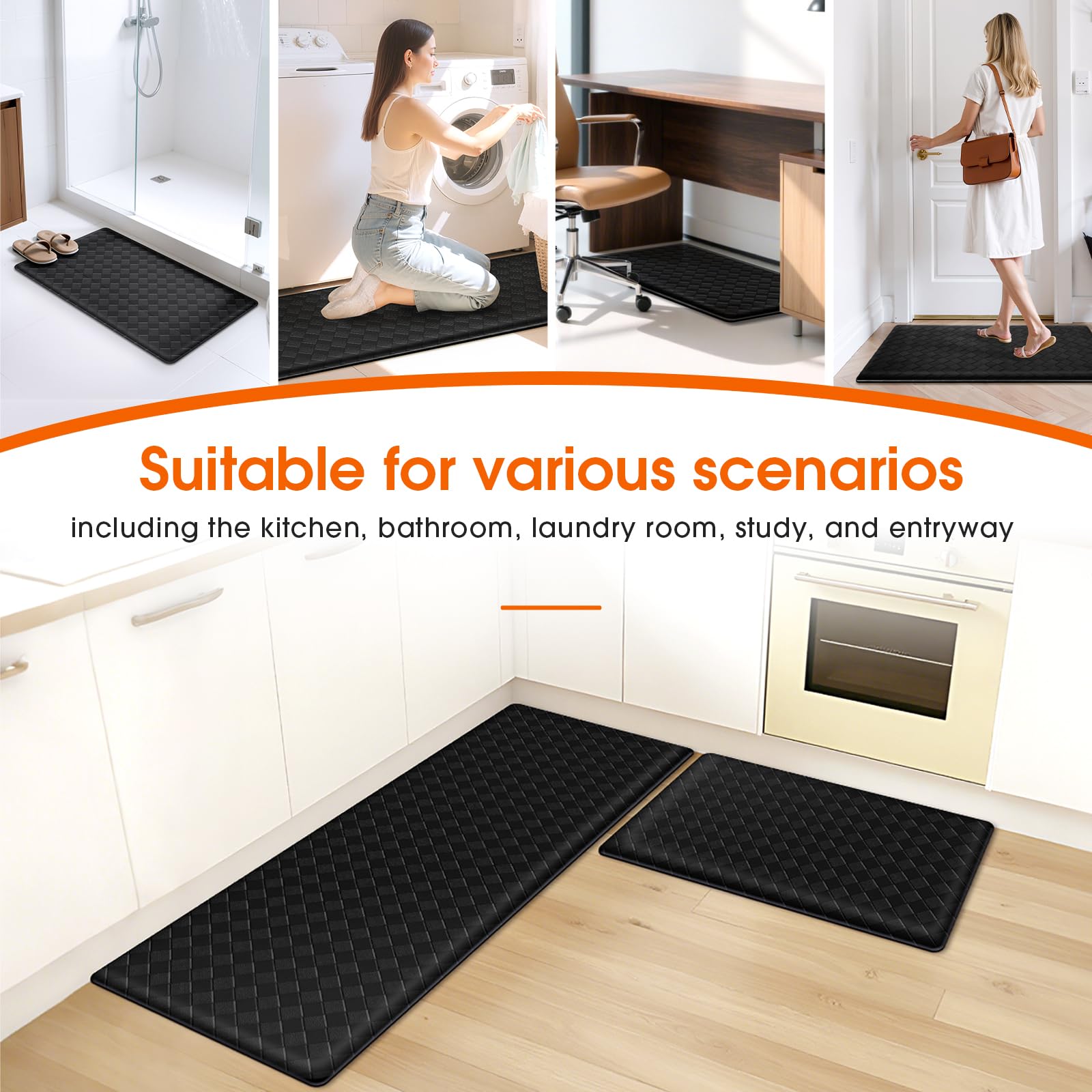 Kitchen Mats, 2PCS Kitchen Rugs, Cushioned Anti Fatigue Kitchen Mats for Floor, Non-Slip Standing Sink Mat, Waterproof Kitchen Rug Set for Kitchen Floor Office,17.3"×30"+17.3"×47" Black