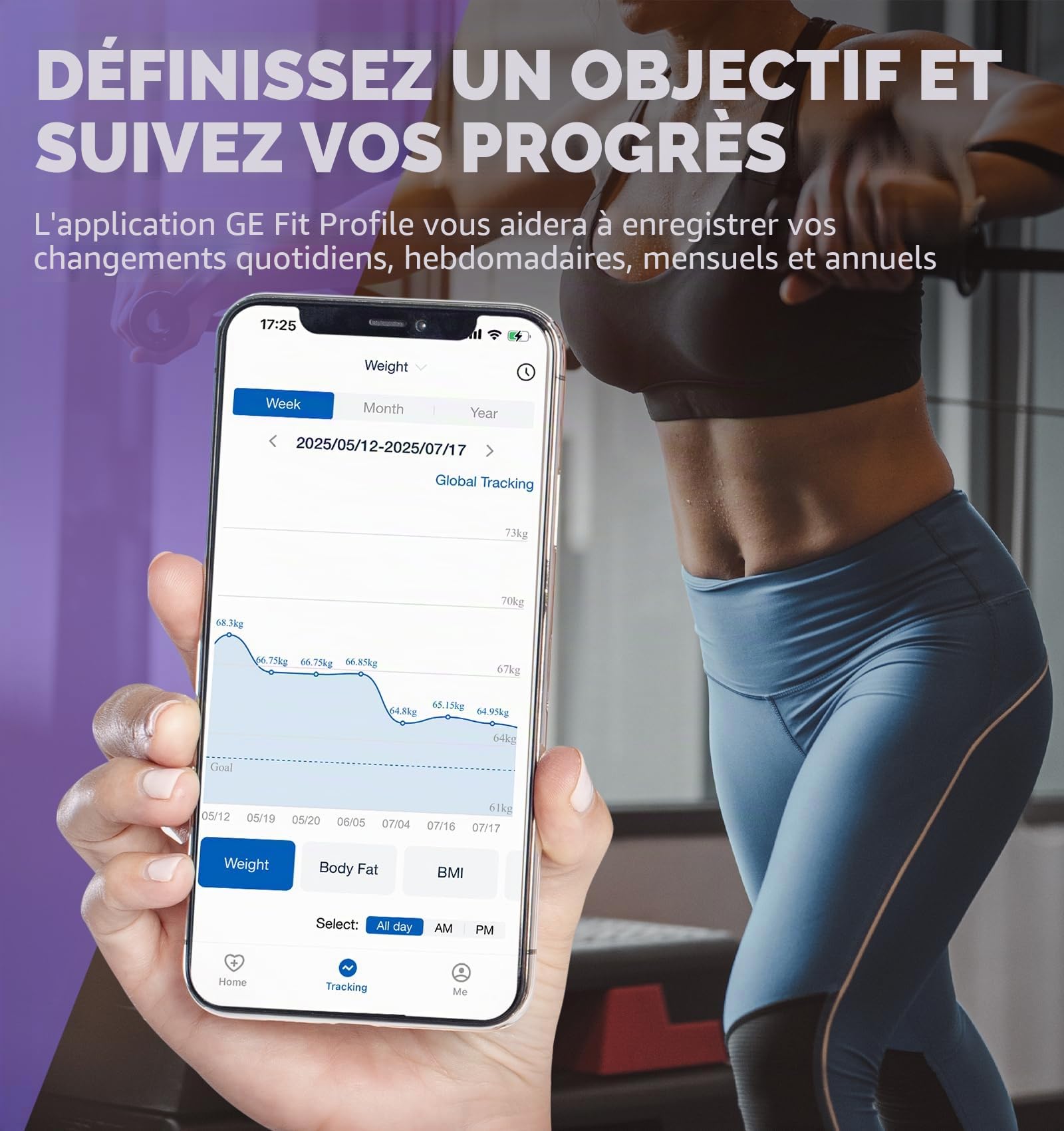 GE Balance intelligente pour poids corporel, balance de salle de bain numérique à 8 électrodes, 27 mesures pour la graisse, l'IMC, la masse musculaire, analyseur de composition corporelle, Bluetooth