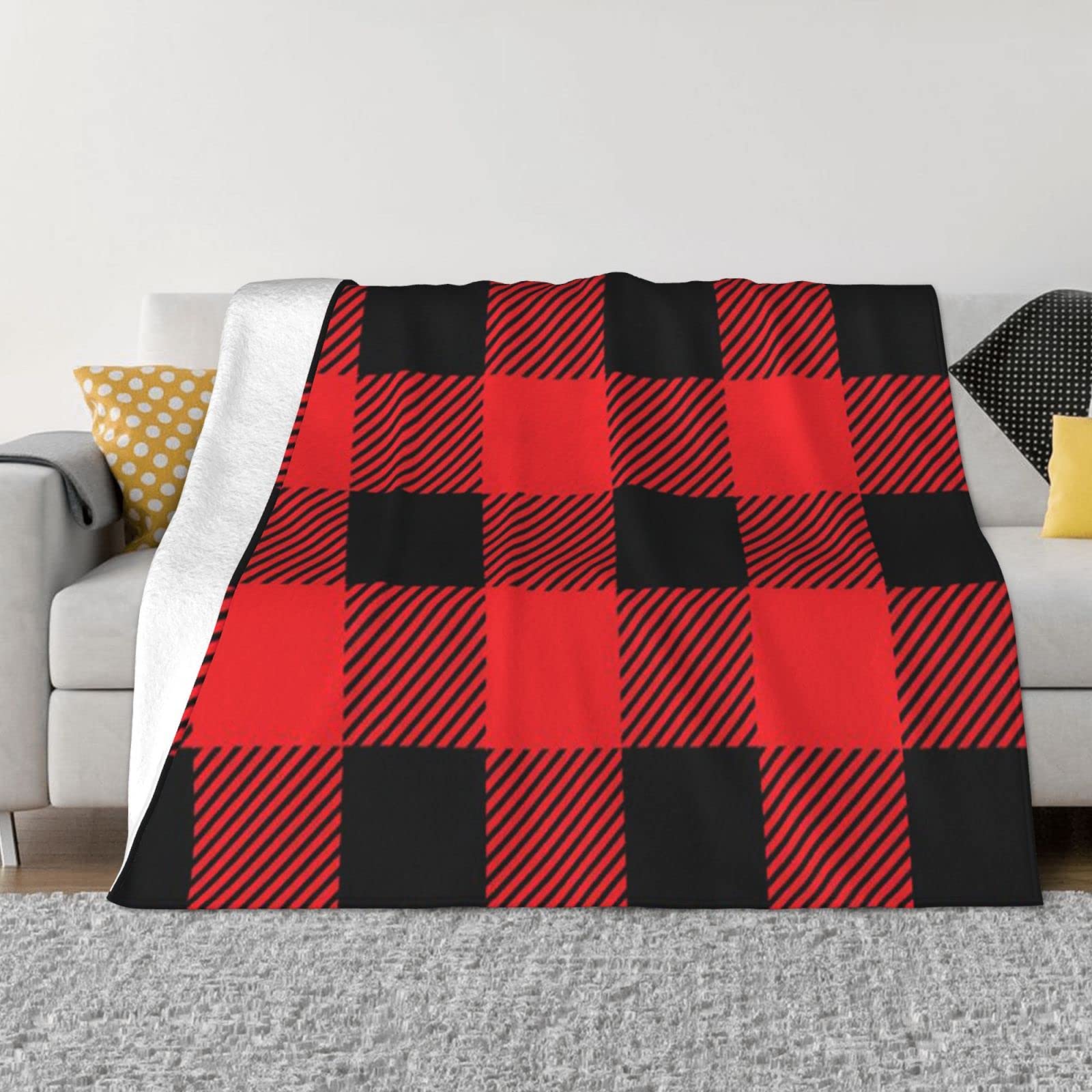 Couverture flanelle carreaux buffle rouge noire canapé lit 150x127