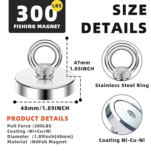 Miniatura 5 de Kit de pesca con imán, imanes grandes y fuertes de tierras raras de 300 libras, resistente con cuerda de 33 pies, imán de neodimio de alta potencia