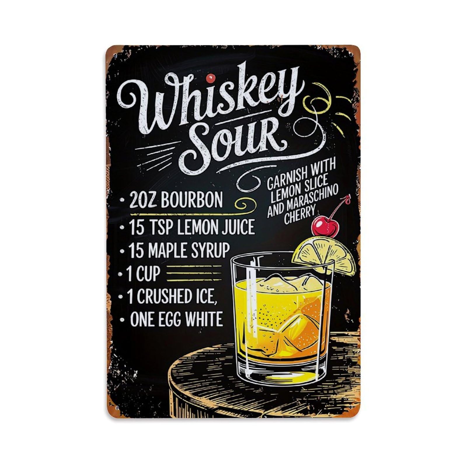 Jdfenggu Vintage Whiskey Sour Cocktail Recipe Poster Retro Metal Tin Sign, Metal Poster For Bar, Home, Man Cave, Kitchen, Laundry Room Art Decor 8X12 Inch