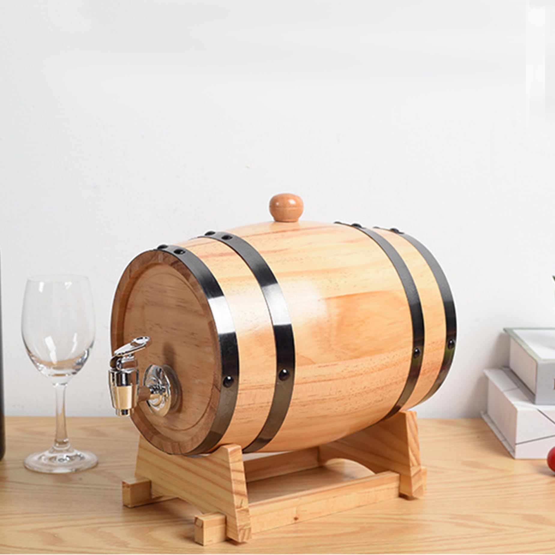 Tonneau à vin 3 L Tonneau à whisky avec support de robinet Fûts en chêne pour le vieillissement du whisky Distributeur en bois Décoration de bar café pour spiritueux, liqueurs, présentation et st