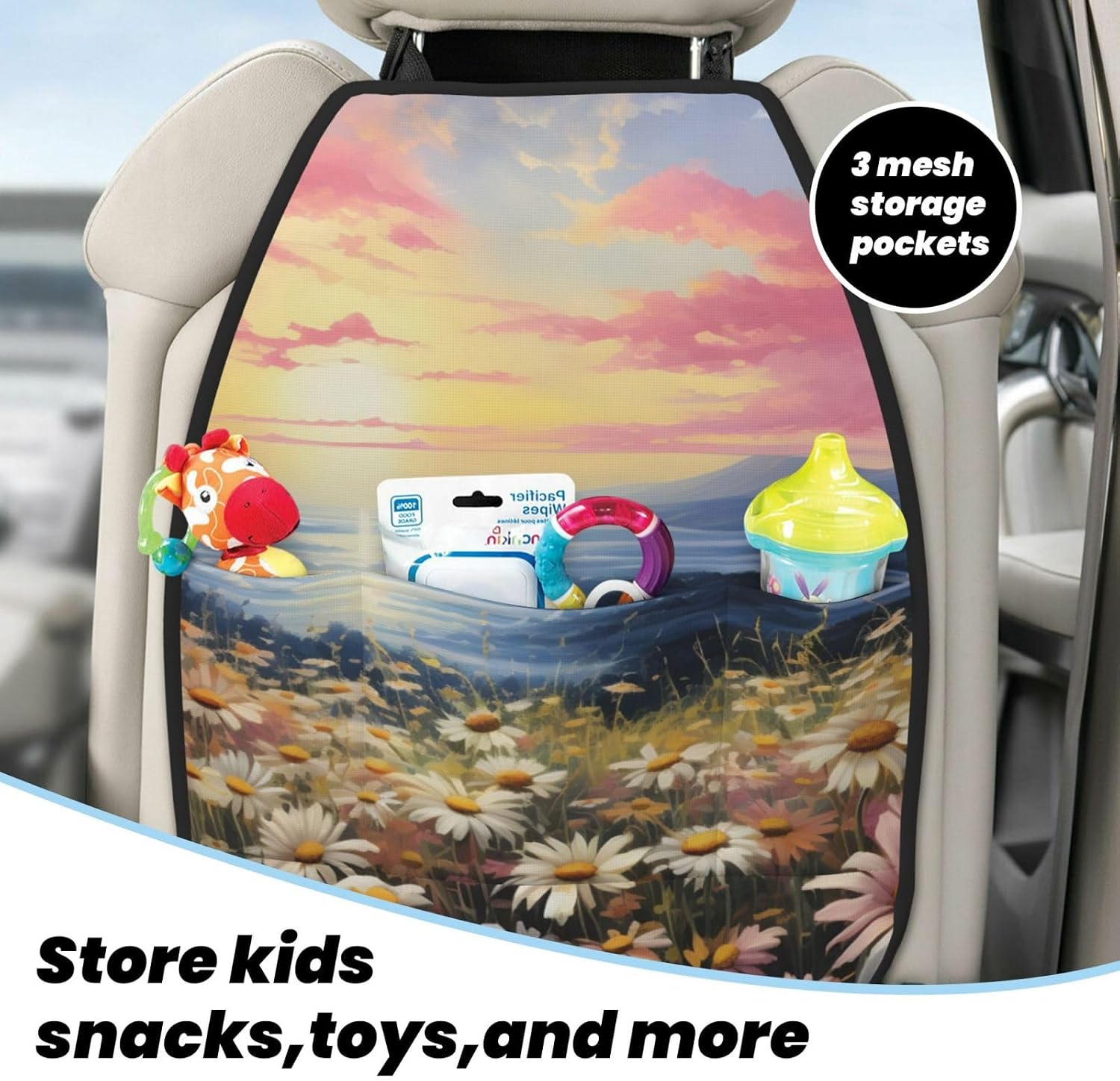 Car Seat Back Kick Protector 2 Pack 18.5x26.4 Inch, Watercolor Bold Daisy Anti-Kick Pad, Waterproof Oxford Fabric Large Rear Seat Cover for Kids Pets Fits SUV Jeep Truck Sedan